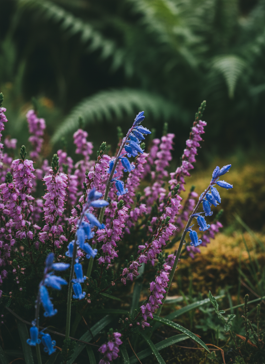 Wild Scottish heather and bluebells in bloom, delicate purple petals with morning dew and deep green foliage.