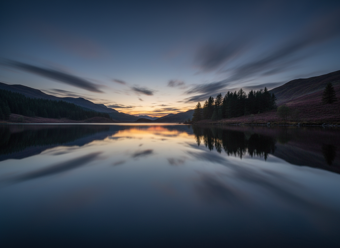 A tranquil Scottish loch at dusk surrounded by heather-covered hills and pine forest, still water mirroring slate blue sky and a warm golden horizon glow.