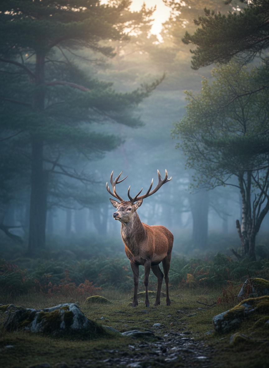 A red deer stag standing in a misty Scottish glen, forest green surroundings and golden light on its coat.