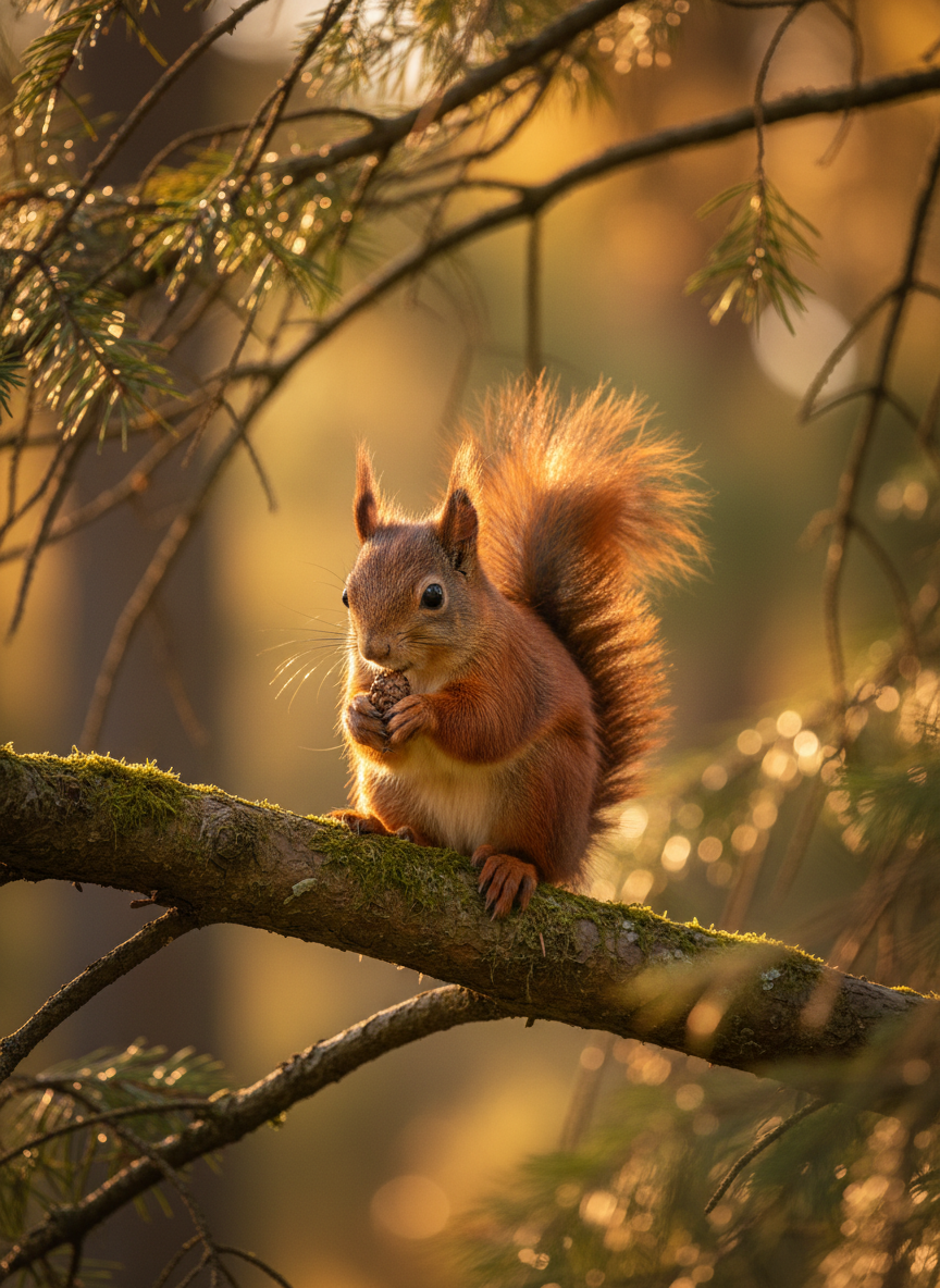 A red squirrel perched among pine branches in a Scottish forest, warm golden tones and rich green pine needles.